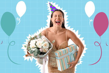 Naklejka premium Birthday celebration and party joy, excited woman in glitter dress holding flowers and gift box with balloons on blue background