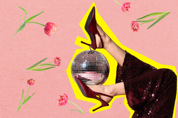 Naklejka premium Party celebration and nightlife fashion, woman in sequin pants and high heels posing with a disco ball and spring tulips on a colorful background