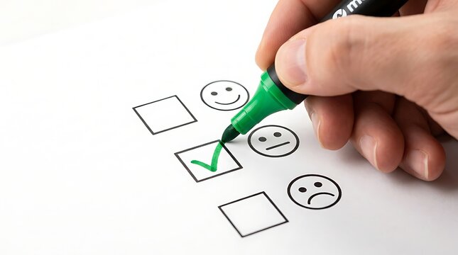 Hand marking green checkmark on feedback survey