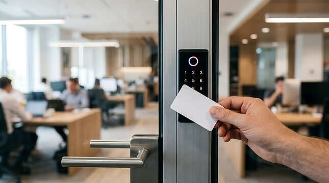 Hand scanning access card on office door reader