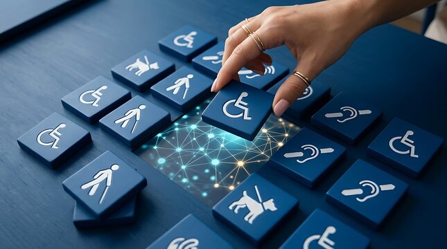 Hand selecting accessibility icon from blue digital grid