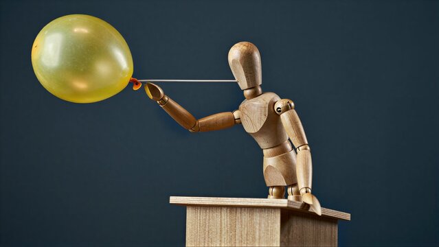 Wooden man holds balloon on podium, symbolizing aspiration or ambition against dark backdrop.