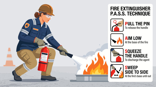 A person in safety gear demonstrates the P.A.S.S. technique for using a fire extinguisher on a small fire, with an infographic explaining the steps.