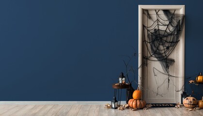 Naklejka premium Halloween home decoration, festive autumn interior with pumpkins and spider web on door for holiday celebration and seasonal party background