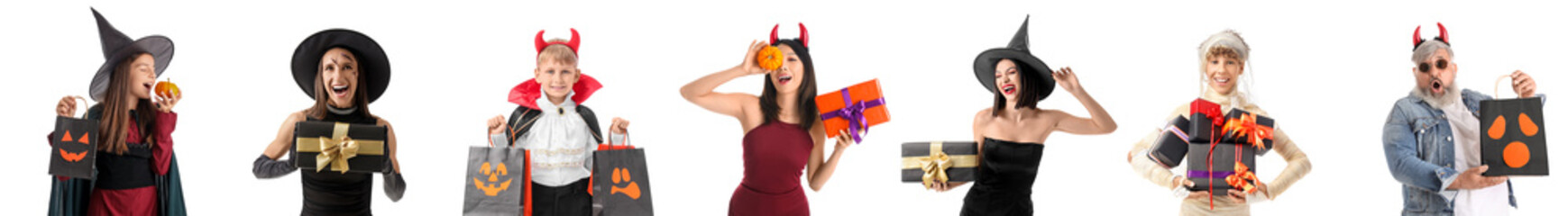 Naklejka premium Halloween celebration and party shopping, diverse group of people in costumes holding gift boxes and trick or treat bags isolated on white background