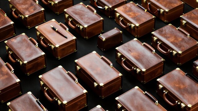 Brown leather briefcases arranged neatly, one with a pen resting atop.