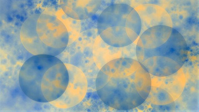Floating blue and yellow circles overlap in a dreamy, watercolor-like abstract scene.