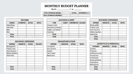 Fototapeta premium Monthly Budget Planner Template for Financial Planning
