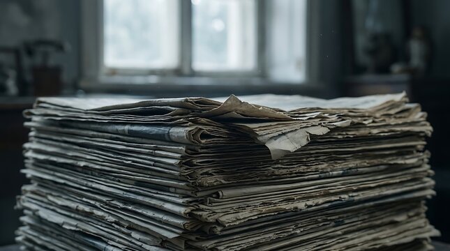 Stack of aged newspapers indoors