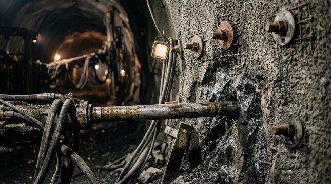 Mining tunnel face with roof bolts, shotcrete, drill stem, and machine lights