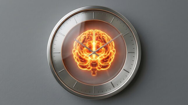 Wall clock with glowing anatomical brain