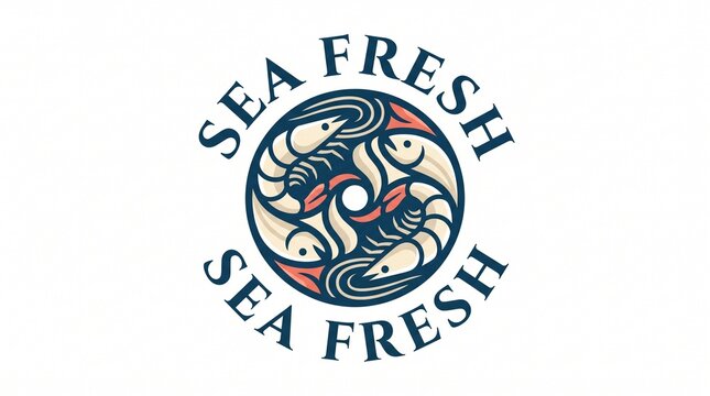 Circular seafood logo design featuring stylized fish and shrimp for a fresh fish market or seafood restaurant