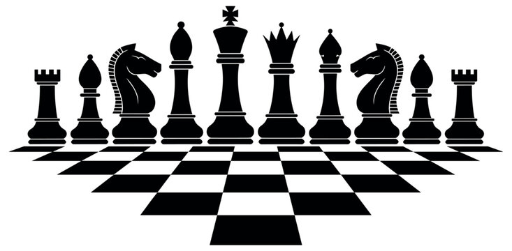 Strategic Encounter: A dramatic black and white depiction of a chess set arranged on a checkered board, symbolizing strategy and intellectual challenge.