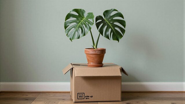 Monstera plant sits atop cardboard box, ready for move-in.