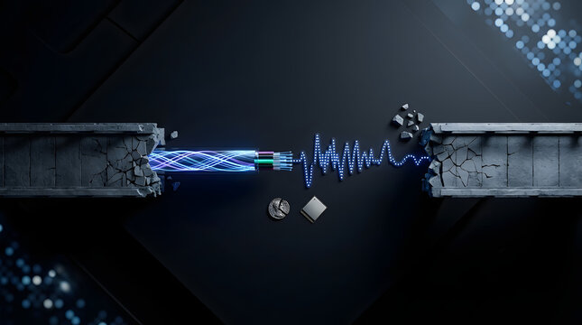 Flat lay of fiber optic cable bridging a gap between broken structures, transforming into a digital data wave with a microchip on a dark background.