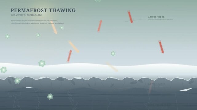 Educational animation of permafrost thawing and the methane feedback loop, showing solar radiation destabilizing ancient ice and releasing trapped greenhouse gases into the atmosphere