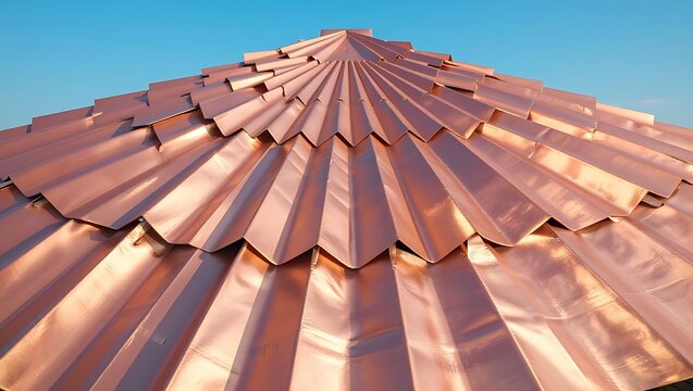 A shimmering copper roof with layered, folded panels creates a faceted geometric pattern against a clear blue sky.