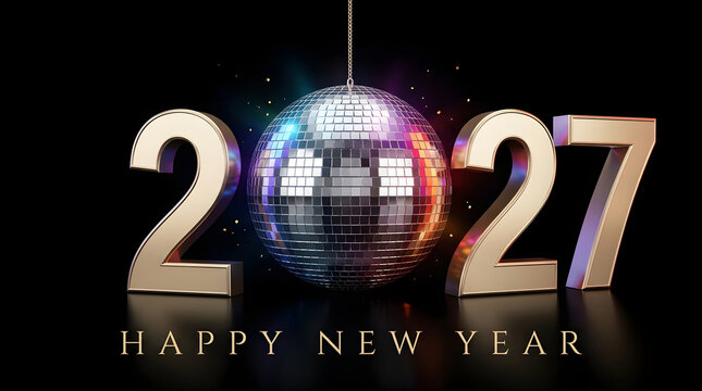 Shiny disco ball with gold metallic numerals saying twenty twenty seven, great for new years greetings and party invitations. Festive, celebratory design.