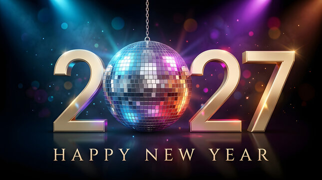 Festive new year decoration with golden numbers reflected in a shiny disco ball amidst colorful lights. Suitable for party invitations and decorations.