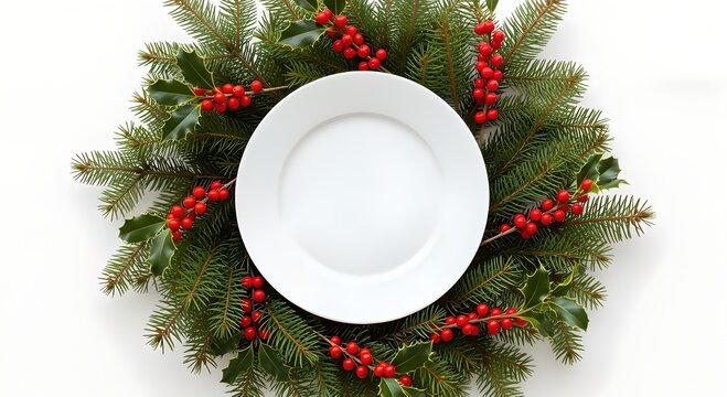 Empty white plate centered on a green pine wreath with red berries for a festive Christmas holiday table setting concept