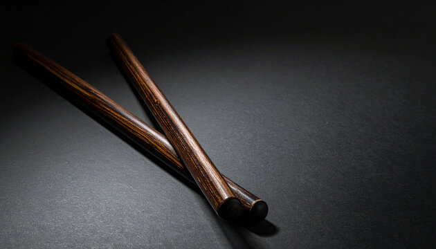 Pair of Polished Dark Wooden Rhythm Sticks Crossed on Black Surface Under Spotlight