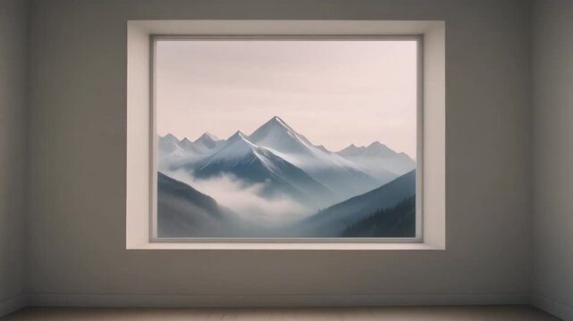 Quiet room window framing distant snow covered mountains