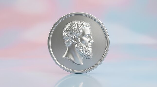 Silver coin featuring a Greek philosopher profile on a reflective surface.