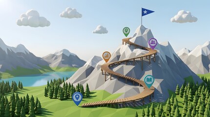 Obraz premium Mountain path with milestones to success and goal flag