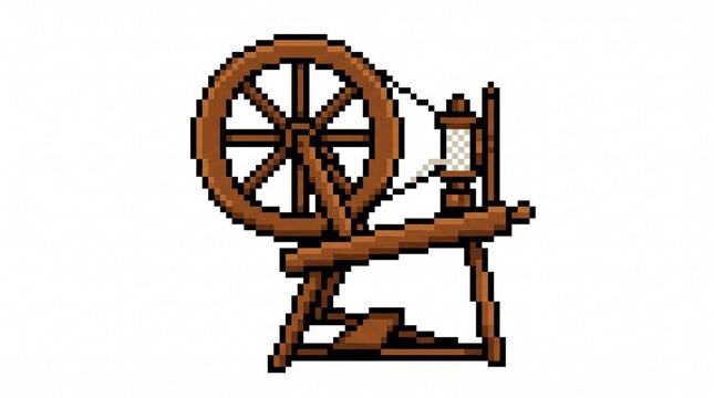 8-bit pixel art of a classic wooden spinning wheel with white yarn crafting game asset isolated on white.