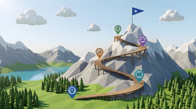 Mountain path with milestones to success and goal flag