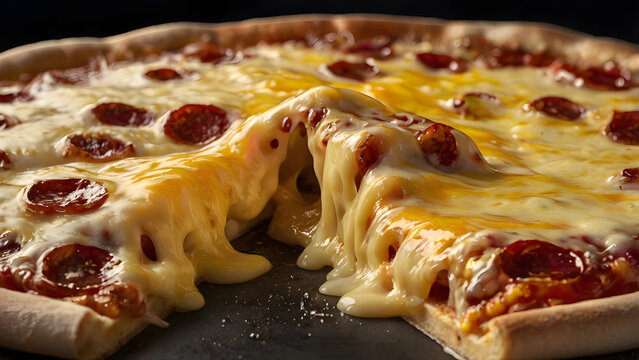 High detail slow motion effect of melted cheese stretching during pizza pull captured in commercial food photography style
