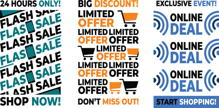 Set of three colorful sale promotion banners for online shop
