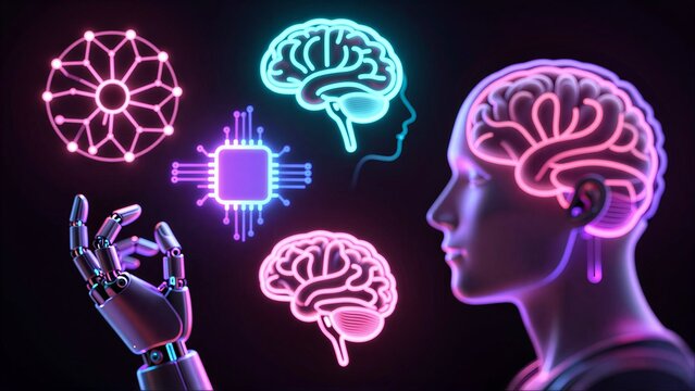 Neon brains, robot hand, and circuit board symbolize AI merging human thought with machine intelligence.