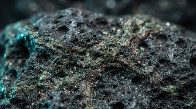 Rough phyllosilicate veins crossing a pitted stone surface with glittering regolith grains and cyan edge light