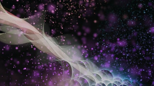 A mesmerizing digital animation unfolds in deep space, featuring a luminous wave structure that shifts between pale white and ethereal pink
