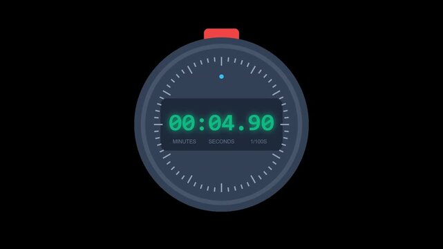 Flat design digital stopwatch animation counting up on black background.