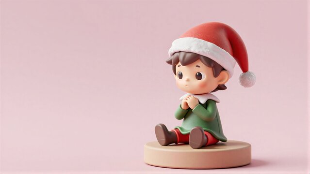 Cute elf figurine in Santa hat sits on pink background, adorable and festive.
