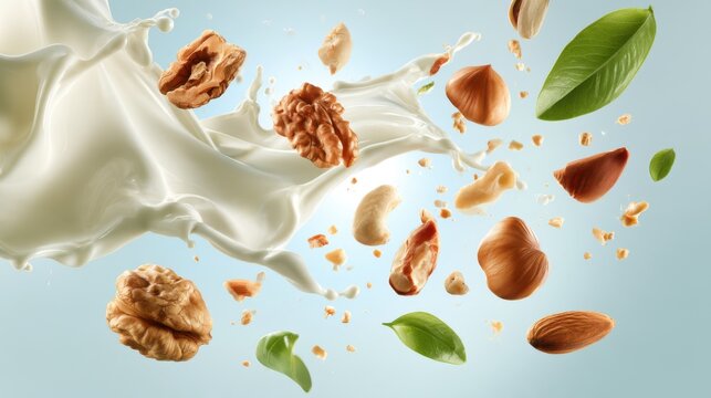 Mixed nuts walnuts cashews hazelnuts and almonds suspended in milk splash wave with leaves on pale blue background