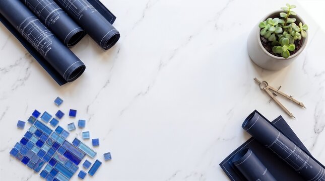 Flat lay of rolled architectural floor plans with scattered blue glass mosaic tiles and drawing compass on white marble surface, swimming pool and bathroom design project