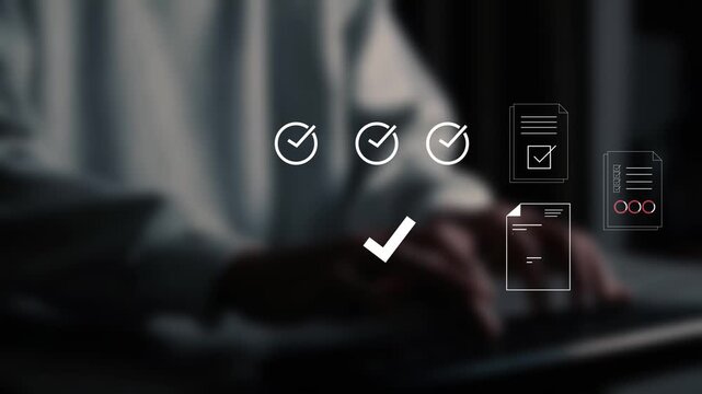 Automated document approval and quality control concept, a professional verifies and manages digital paperwork on a laptop using a smart system before final task delivery. DMS concept.