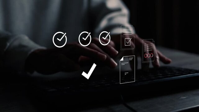Automated document approval and quality control concept, a professional verifies and manages digital paperwork on a laptop using a smart system before final task delivery. DMS concept.