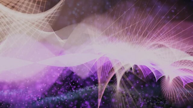 A mesmerizing digital animation featuring a pulsating, complex web-like structure with intricate glowing filaments that constantly evolve into an otherworldly scene