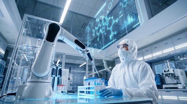 Researcher in a high tech laboratory observing a robotic arm dispensing liquid into test tubes with floating digital molecular holograms, automated chemical analysis and advanced bioengineering
