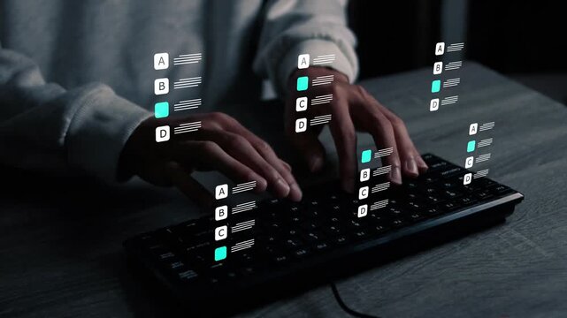 Online assessment system with multiple choice questions on a digital interface, featuring electronic examination, survey evaluation, voting selection, feedback collection, and educational technology.