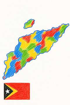 Timor-Leste hand-drawn map with national flag, colored pencil crayon sketch, East Timor country map, colorful administrative regions, educational travel illustration &mdash; not official, no border accuracy