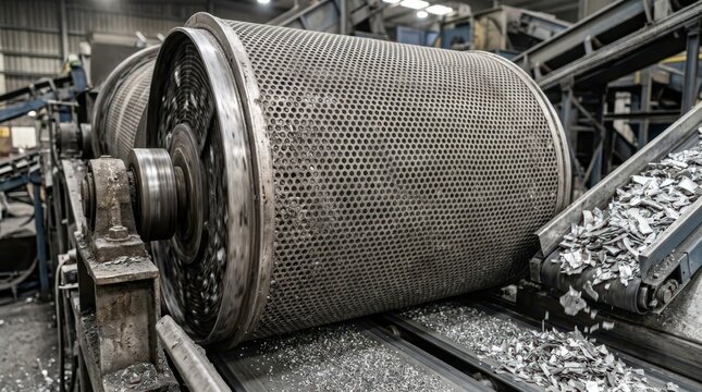 Rotating trommel screen separating aluminum fragments from mineral residue in industrial processing