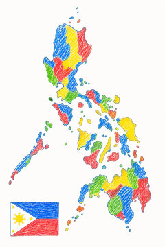 Philippines hand-drawn archipelago map with national flag, colored pencil crayon sketch, the Philippines country map, Southeast Asia educational travel ,not official, no border accuracy guarantee 