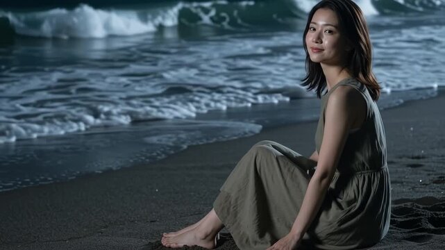 夜の海岸で波をバックに座り笑顔を見せる女性