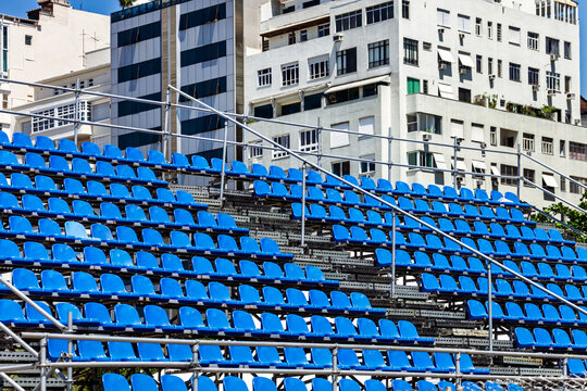 Temporary blue bleachers for outdoor sports and public events in Copacabana, Rio de Janeiro, Brazil.