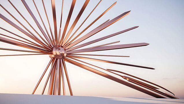 A close-up view of a metallic sculpture with radial arms reaching outwards against a soft sky.